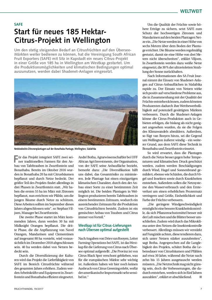 Featured in Fruchthandel: SAFE rolls out 185 ha new citrus project in Wellington